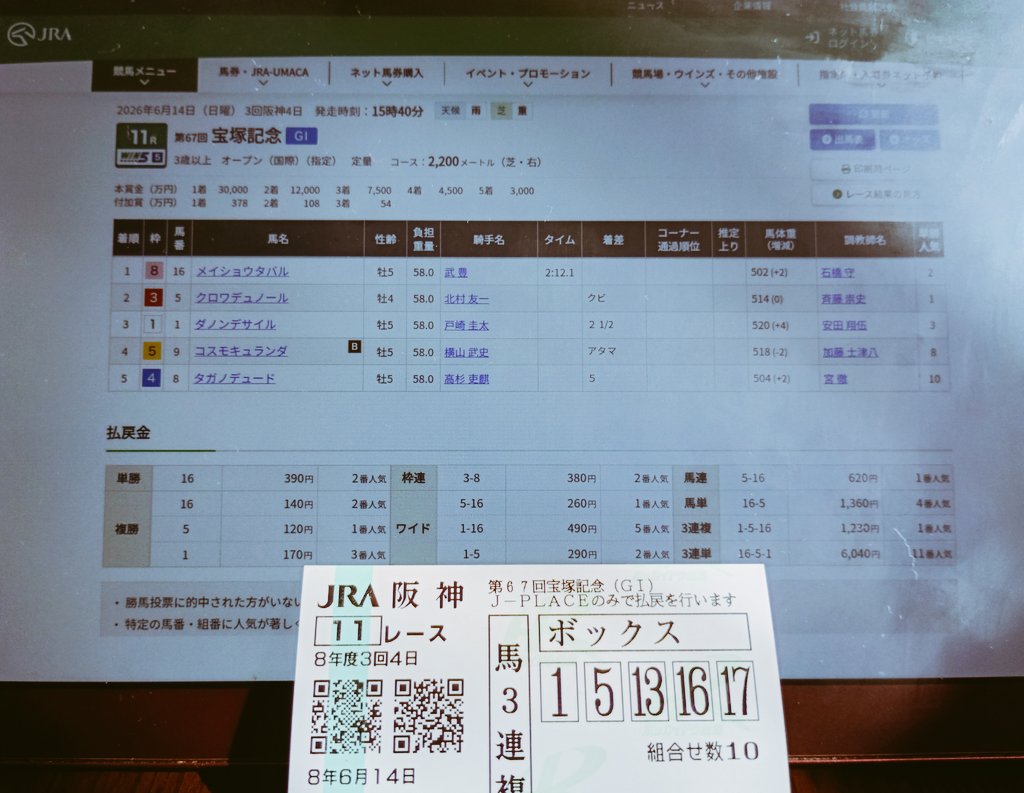 raiden512a's tweet photo. はい、無事トリガミでございます。
やはりメイショウタバルは逃げなくても強かったですね。はい。 https://t.co/CyykuPxl8E