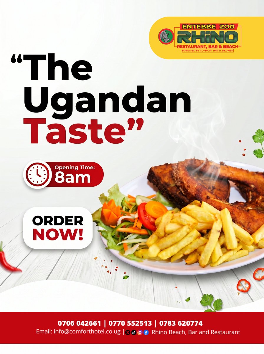 RhinoBeachEbb's tweet photo. The Ugandan Taste is Served.

Start your day the delicious way at Rhino Restaurant, Bar &amp; Beach, located at Entebbe Zoo 🦏🍽️
Crispy fries, perfectly grilled fish, fresh salad… pure satisfaction.

⏰ Open from 8:00 AM
📞 Order now: 0706 042661 | 0770 552513 | 0783 620774 https://t.co/HNb4ELNgx0