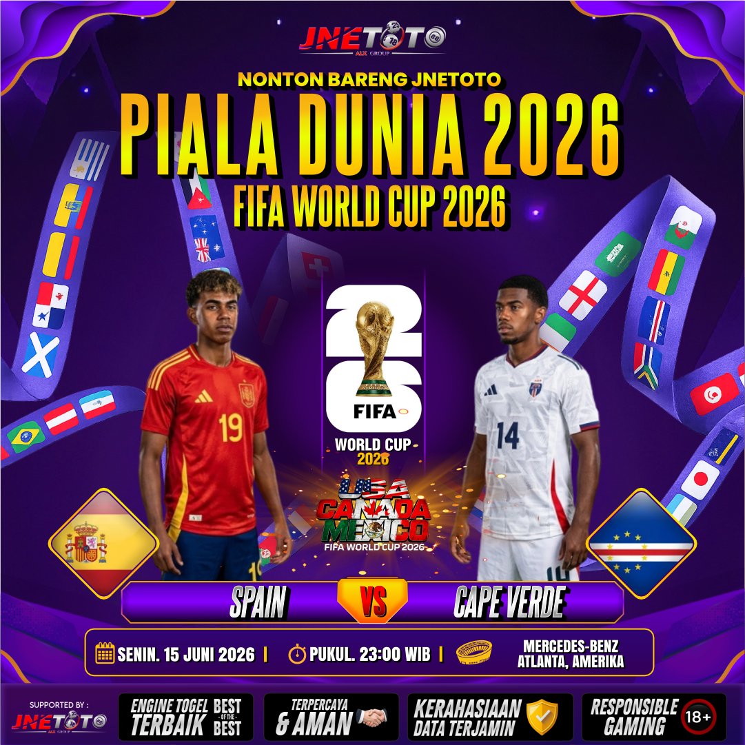 JNETOTO_OFC2's tweet photo. ⚽️🔥 NOBAR PIALA DUNIA 2026 GRATIS BERSAMA JNETOTO! 🔥⚽️
🇪🇸 𝐒𝐏𝐀𝐈𝐍 𝐕𝐒 𝐂𝐀𝐏𝐄 𝐕𝐄𝐑𝐃𝐄 🇨🇻
15  JUNI  2026 | 23:00 WIB
Jangan lewatkan juga Event Piala Dunia JNETOTO dengan total hadiah jutaan rupiah!
LINK LIVE GRATIS TELEGRAM : KLIK DI SINI (https://t.co/HIRbiSutl9) https://t.co/5AwJgDpnvg