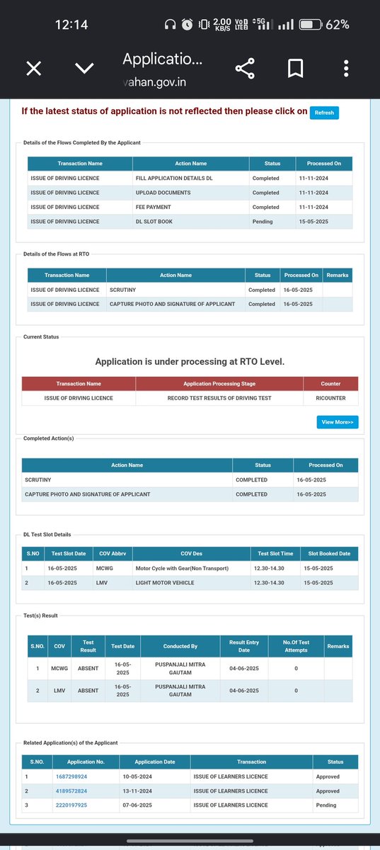 ramkaran_yt's tweet photo. However, the Sarathi portal is showing me as "ABSENT" for both MCWG and LMV driving tests.

DL Application No.: 4166847224

Kindly investigate this issue and update the correct test result at the earliest.

#Sarathi #DrivingLicence #FatehpurRTO
@MORTHIndia @uptransportdept https://t.co/yp4UIN3lpo