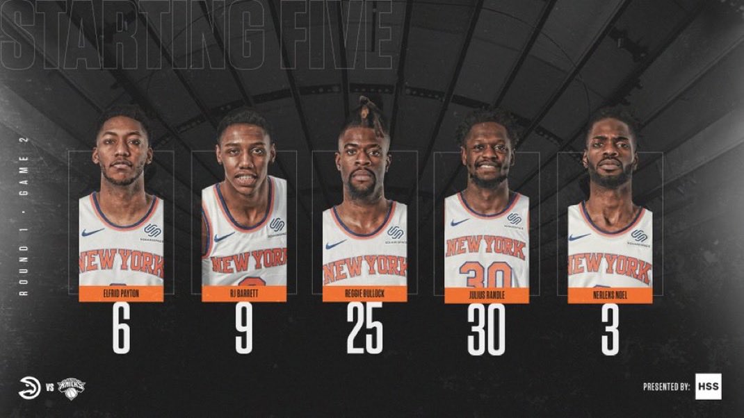 haslemberg's tweet photo. Tonight’s starting five: 

6️⃣ elfrid 
9️⃣ RjBarrett6 
2️⃣5️⃣ ReggieBullock35 
3️⃣0️⃣ J30_RANDLE 
3️⃣ NerlensNoel3 https://t.co/7kfxclpatq