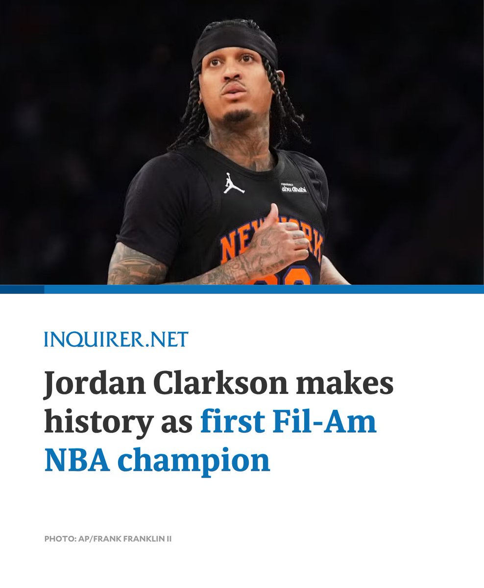 inquirerdotnet's tweet photo. NBA CHAMPION SI PINSAN! 🇵🇭

After the New York Knicks captured their first NBA championship in more than five decades by defeating the San Antonio Spurs in the 2026 NBA Finals, Jordan Clarkson brought his name into basketball history as the first Filipino American player to win an NBA title.

READ MORE: https://t.co/8goWngIzIf