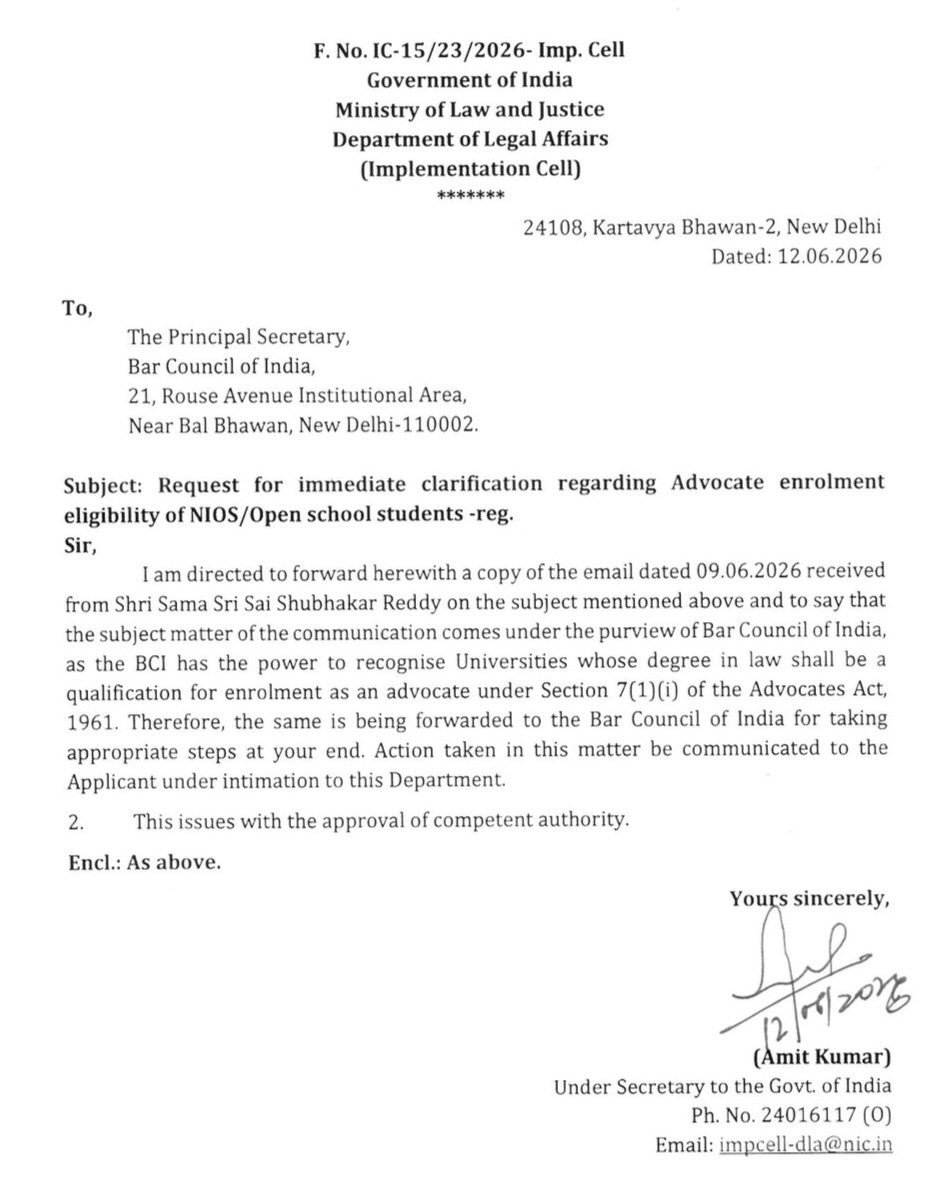 shubhakarreddys's tweet photo. Thank you, @MLJ_GoI , @mygovindia , for acknowledging and forwarding my representation to the @barcouncilindia. A student’s voice has been heard. 🇮🇳 https://t.co/4HuavBhZCf