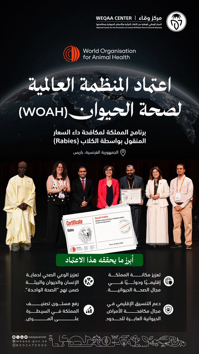 WeqaaCenter's tweet photo. المنظمة العالمية للصحة الحيوانية (WOAH) تعلن اعتماد برنامج المملكة لمكافحة داء السعار  (Rabies) وذلك بعد استيفاء المعايير الفنية الدولية المعتمدة لاعتماد برامج المكافحة لتكون من الدول الرائدة في اعتماد هذا البرنامج، تتويجاً للجهود المتواصلة في تعزيز الوقاية والمكافحة من الأمراض الحيوانية.