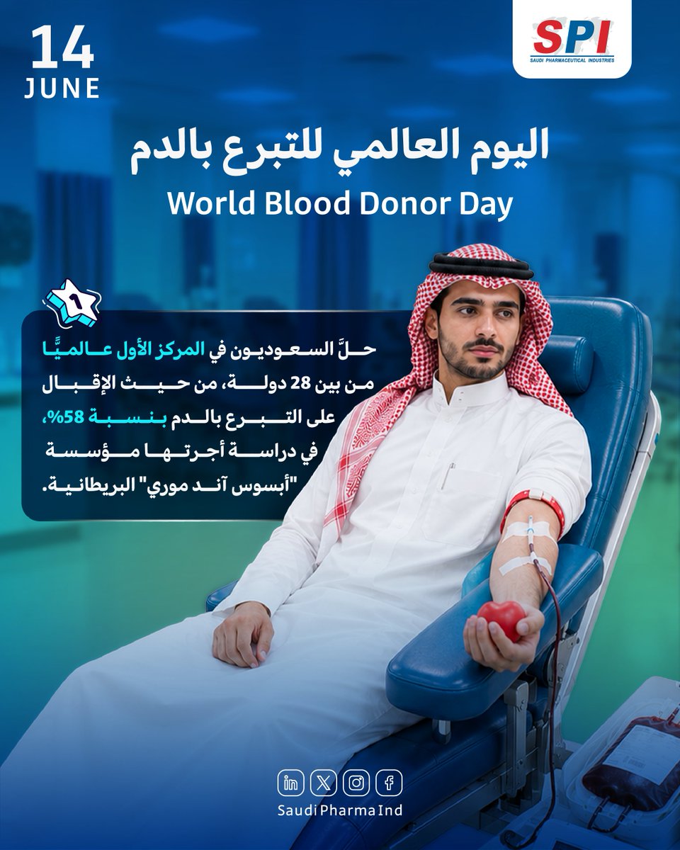 SaudiPharmaInd's tweet photo. في اليوم العالمي للتبرع بالدم، نحتفي بكل متبرع يساهم في إنقاذ الأرواح ومنح المرضى فرصة جديدة للحياة.
نفخر بالوعي المجتمعي المتزايد بأهمية التبرع بالدم.
❤️ قطرة دم منك قد تكون سببًا في إنقاذ حياة.

#اليوم_العالمي_للتبرع_بالدم #WorldBloodDonorDay #SPI https://t.co/CcvIg0W2yR