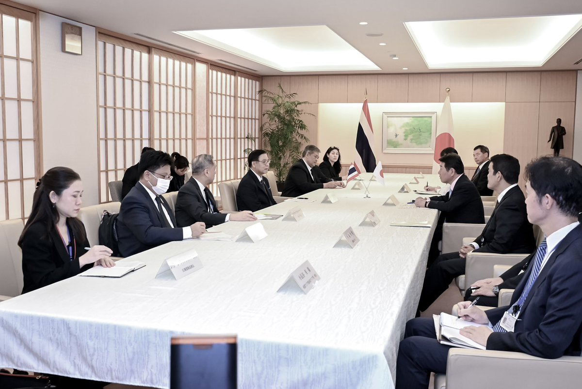 MFAThai's tweet photo. DPM/FM @SihasakPh met with H.E. Mr. Motegi Toshimitsu, FM of Japan. Both agreed to advance CSP to respond to global challenges, especially in the areas of economy, security, people-to-people exchanges, and high-level exchanges, ahead of the 140th anniversary of diplomatic relations in 2027. DPM/FM also supported Japan’s Updated Free and Open Indo-Pacific (FOIP), which aligns with Thailand and ASEAN’s position. (12 June 2026)