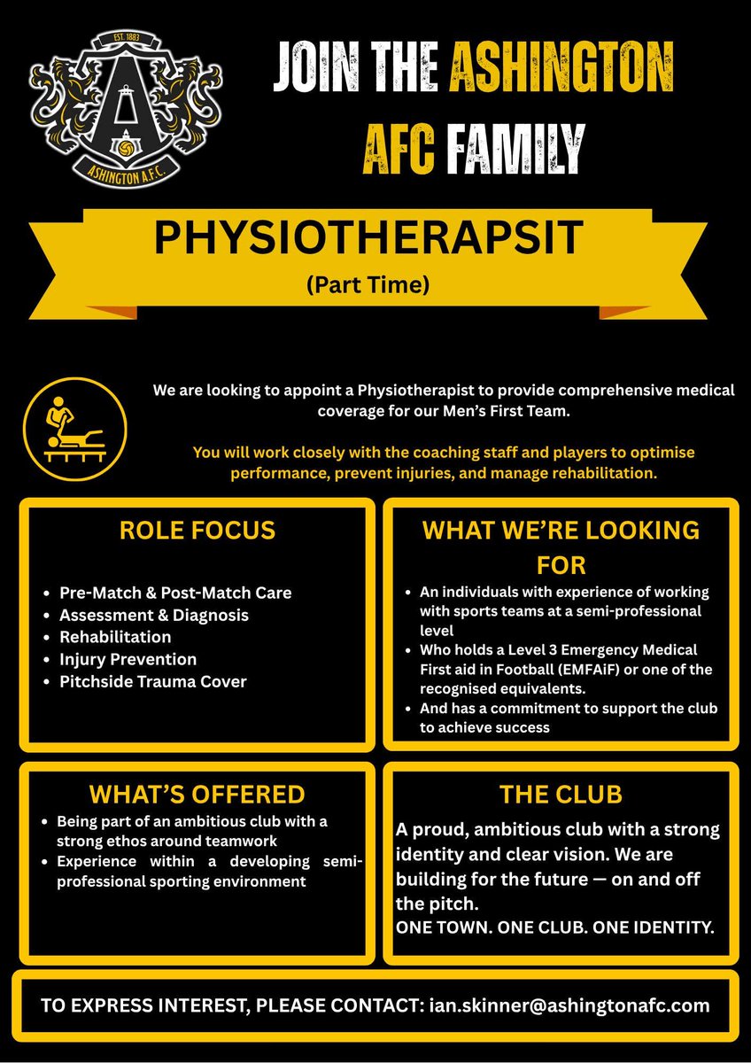 Ashington_FC's tweet photo. 🦵🦵 JOIN THE ASHINGTON AFC FAMILY 🦵🦵

Physiotherapist

We are looking to appoint a Physiotherapist to provide comprehensive medical coverage including Pre-Match & Post-Match Care, Assessment & Diagnosis, 
Rehabilitation, Injury Prevention and Pitch side Trauma Cover.

Full details below: