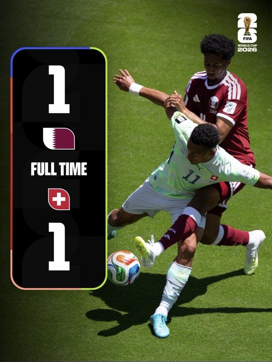 kickoffda1ly's tweet photo. Qatar score a late equalizer against Switzerland and they share points in the group. #Qatar_Switzerland #WorldCup2026 https://t.co/2t4OE0ACZU