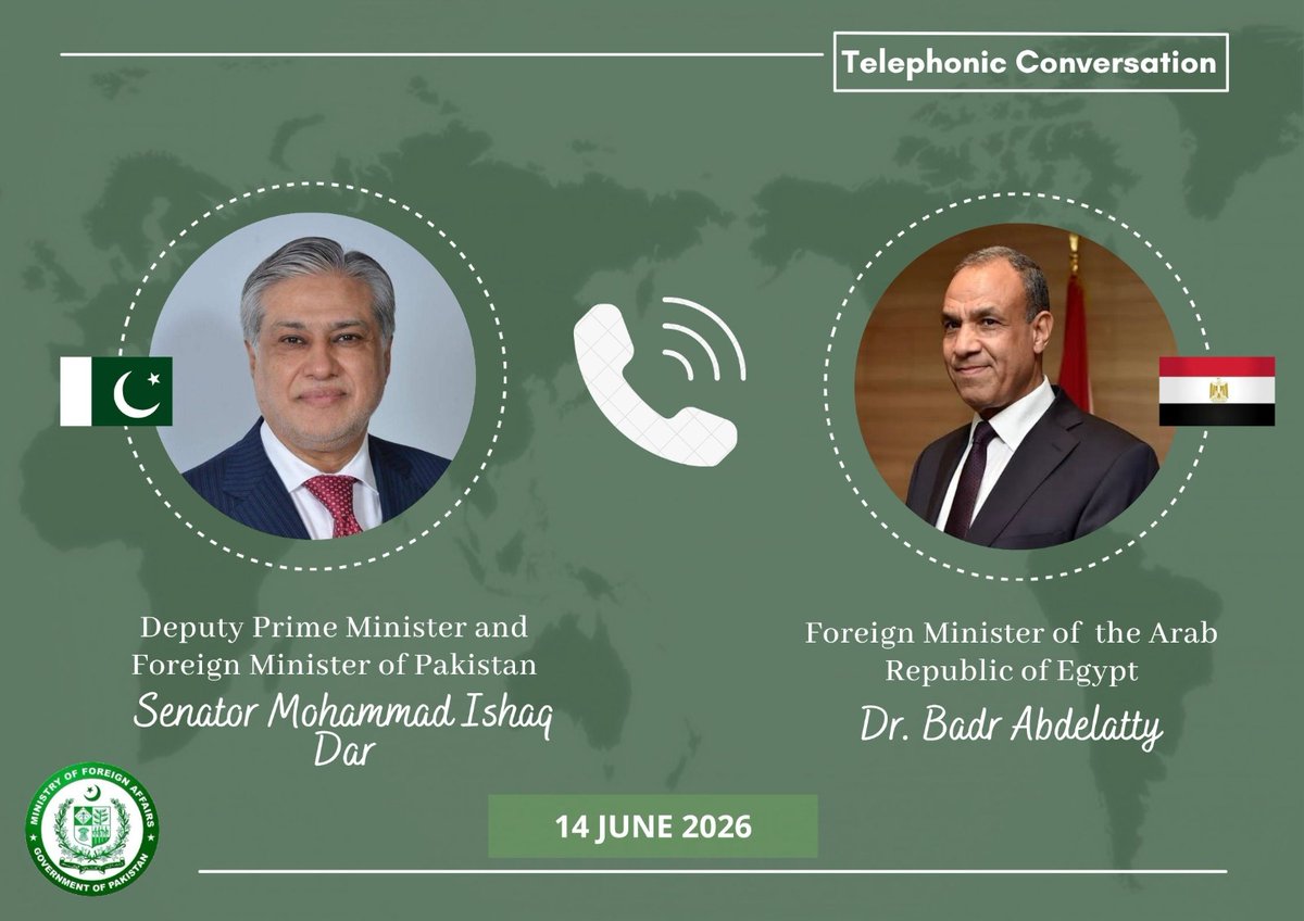 ForeignOfficePk's tweet photo. Deputy Prime Minister / Foreign Minister Senator Mohammad Ishaq Dar @MIshaqDar50 spoke last night with the Foreign Minister of the Arab Republic of Egypt, Dr. Badr Abdelatty.

The two leaders discussed the latest regional developments, including progress towards an understanding between the United States and Iran. They expressed hope that these positive developments would contribute to lasting peace, security, and stability across the region.

Both sides agreed to maintain close contact. 

@MfaEgypt