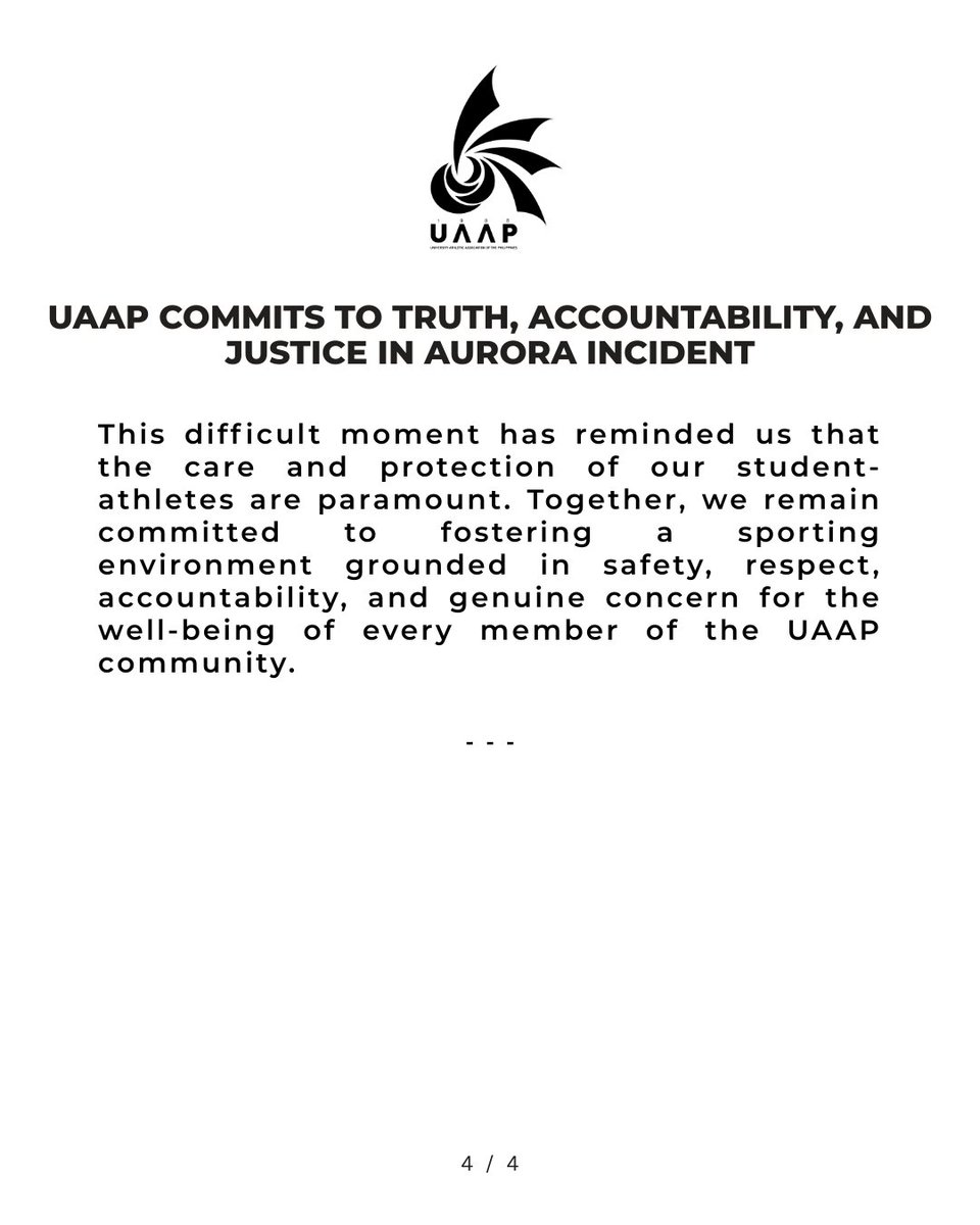uaap_official's tweet photo. UAAP COMMITS TO TRUTH, ACCOUNTABILITY, AND JUSTICE IN AURORA INCIDENT

As the UAAP continues to mourn the untimely passing of Ateneo de Manila University student-athletes Rene Clert Baterbonia and Divine Adili on June 8, 2026 in Dipaculao, Aurora, the League continues to extend its heartfelt condolences to their families, loved ones, teammates, coaches, and the entire Ateneo community. We stand in solidarity with all those grieving this profound loss and join them in honoring the memory of two young lives taken too soon.

As previously stated, the UAAP will fully take into account the findings of the National Bureau of Investigation (NBI), the Philippine National Police-Criminal Investigation and Detection Group (PNP-CIDG), the Commission on Higher Education (CHED), and the concerned member school, as only limited details have been officially confirmed.

The UAAP, however, is closely following all the developments surrounding this tragic incident and carefully reviewing the findings of the ongoing investigations as they come. When completed, all the relevant information will be referred for a full and fair review to the Rules and Disciplinary Committee, composed of representatives from the seven other member schools

The safety, well-being, and holistic development of student-athletes are at the heart of the UAAP’s inherent mission. As a community of educational institutions, we are committed to learning from this tragedy and we will work together to strengthen safeguards that protect our student-athletes both on and off the field of play.

Rest assured that the UAAP will:

• Enforce sanctions in cases where there are breaches of established protocols, laws and regulations provided these sanctions are established through due process and in accordance with governance and disciplinary procedures.

• Review and, if needed, revise existing rules and policies to further strengthen accountability, enhance student welfare, and uphold the highest standards of safety.

• Promote and expand access to protective measures, mental health resources, and support services for student-athletes, coaches, and staff, while sustaining programs that foster camaraderie and communal well-being.

This difficult moment has reminded us that the care and protection of our student athletes are paramount. Together, we remain committed to fostering a sporting environment grounded in safety, respect, accountability and genuine concern for the well-being of every member of the UAAP community.