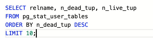 Akintola_steve's tweet photo. Did you know that Postgres doesn't actually delete rows when you run DELETE?

It marks them as invisible to future transactions and leaves the physical row on disk.

That dead row sits there consuming space, bloating your indexes, and slowing down every sequential scan until autovacuum comes to clean it up.

At high delete volume, autovacuum can't keep up.

Your table grows forever, even though the data is "gone".

Run this right now and see how many dead rows are sitting in your most-written tables:

If n_dead_tup is close to or larger than n_live_tup on any table, you have a problem worth fixing today.