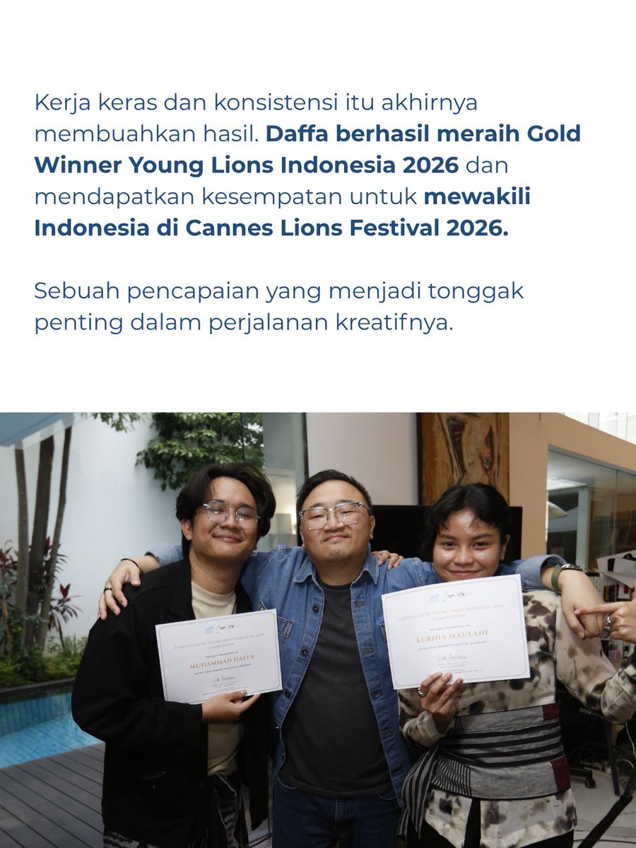 BINUS_UNIV's tweet photo. Melalui kerja keras, persiapan yang matang, dan dedikasi dalam mengasah kreativitas, Daffa berhasil meraih 🏆 Gold Winner Young Lions Indonesia 2026 dan mendapatkan kesempatan untuk mewakili Indonesia di Cannes Lions Festival 2026. https://t.co/67Zb6QzBW5