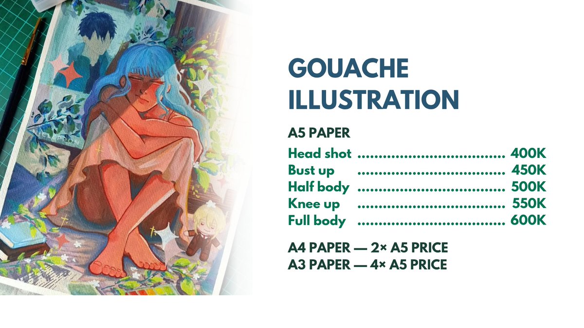 nicleppon's tweet photo. [ Like, RT, and shares are highly appreciated! ]

‼️ NIA’S GOUACHE &amp; WATERCOLOR COMMISSIONS ARE OPEN ‼️ (Local Only 🇮🇩)

Hi! Aku buka lagi utk waco &amp; gouache painting comms! tertarik atau mau tanya-tanya bisa langsung DM! (mention after DM)

More info ↓
#commissionopen #artidn https://t.co/Gtijqt86Nq