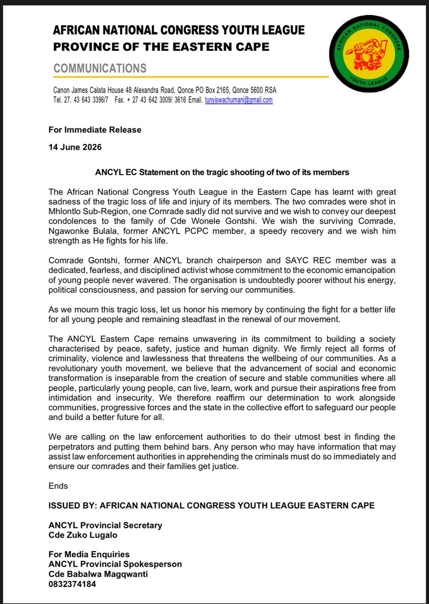 ANCECape's tweet photo. ANCYL Eastern Cape statement on the tragic shooting of two of its members https://t.co/vmMYRhErSs