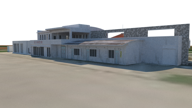 GATE15Scenery's tweet photo. The texturing of the Kitadaito Airport terminal has been completed.

The windows and doors are not represented with textures; instead, they have been modeled as 3D objects to provide a greater sense of depth and realism.

Once the terminal texturing is finished, the remaining work progresses much more quickly.