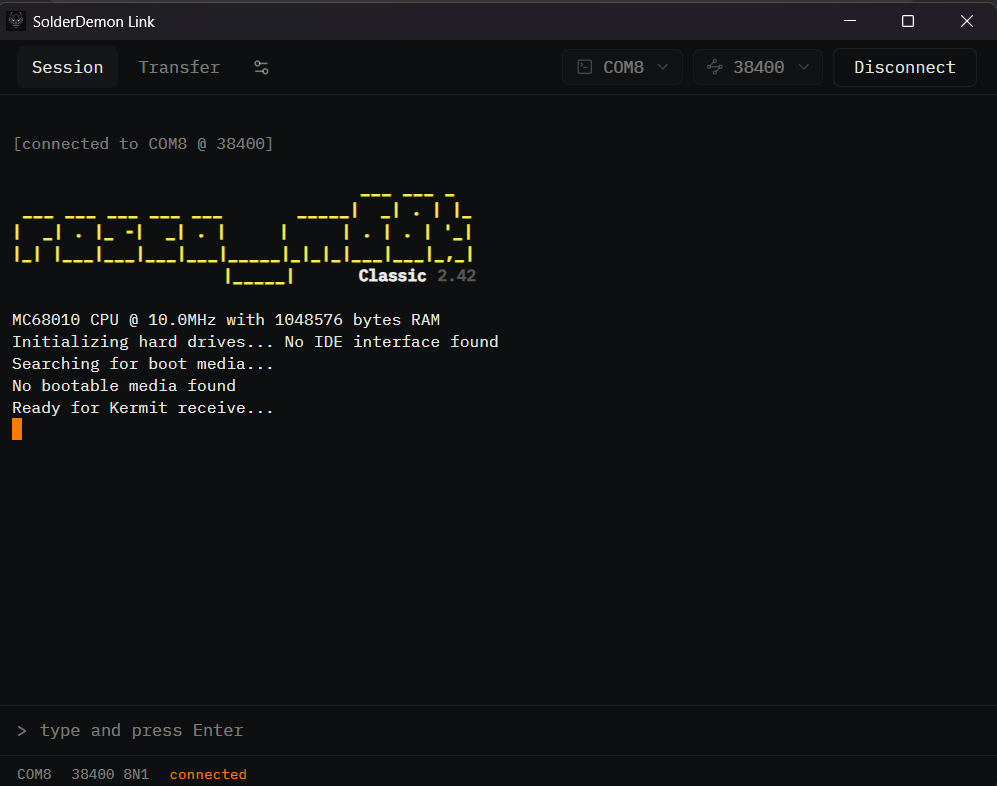 SolderDemon's tweet photo. I made a small tool for easily connecting to the serial console and sending programs via Kermit on rosco_m68k.

It does not require any additional dependencies. Works on Windows, Linux, and macOS.

https://t.co/bSTaHQqCFl https://t.co/qJoi4biGki