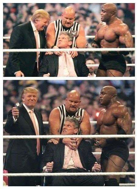 HistoryVille's tweet photo. Donald Trump shaves the head of WWE Chairman Vince McMahon, held by Stone Cold and assisted by Bobby Lashley, 2007. #HistoryVille https://t.co/gFzMwgrcH8