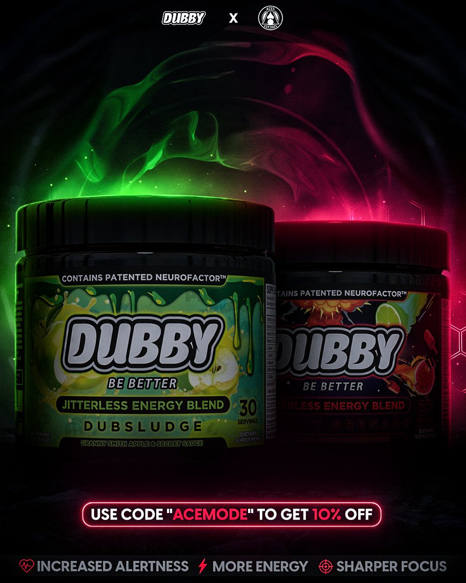 ACES_HQ's tweet photo. 🚨 NEW PARTNERSHIP 🚨

ACES x DUBBY

We're excited to announce our partnership with DUBBY — a clean, jitterless energy formula built for gamers, competitors, and creators who demand more from their performance.

Whether it's long practice sessions, intense league matches, or major tournament weekends, staying focused and energized is essential. DUBBY delivers sustained energy and mental clarity without the crash that comes with traditional energy drinks.

Use code ''ACEMODE'' for 10% OFF your order.

🔗 Shop here: https://t.co/h0d4oYOWFj

⚡ Jitterless energy.
🎯 Sharper focus.
🧠 Mental clarity.
🏆 Supporting the next generation of competitors.

Welcome to the ACES family, @DubbyEnergy ♥️♠️

#ACES #ACEMODE #DUBBY #Esports #Gaming #Performance #Energy #BeBetter