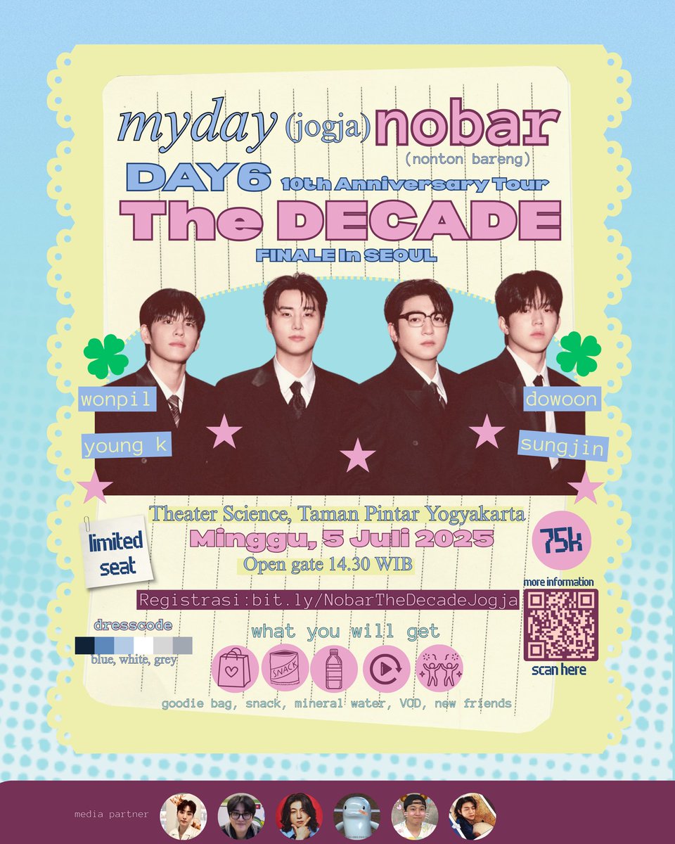 marigoldmerah's tweet photo. NOBAR DAY6 10th Anniversary Tour <The DECADE> FINALE in SEOUL 

Hi, My Day Jogja dan sekitarnya
Kita nobar yuk

📆 Minggu, 5 Juli 2026
📍Science Theater, Taman Pintar YK
🕒 14.30 WIB - end 
🎟 75K
Registrasi: https://t.co/7aBytsVnjg

Limited slot 🫶🏻
More info: dm aja ya https://t.co/ieRCLEhHvw