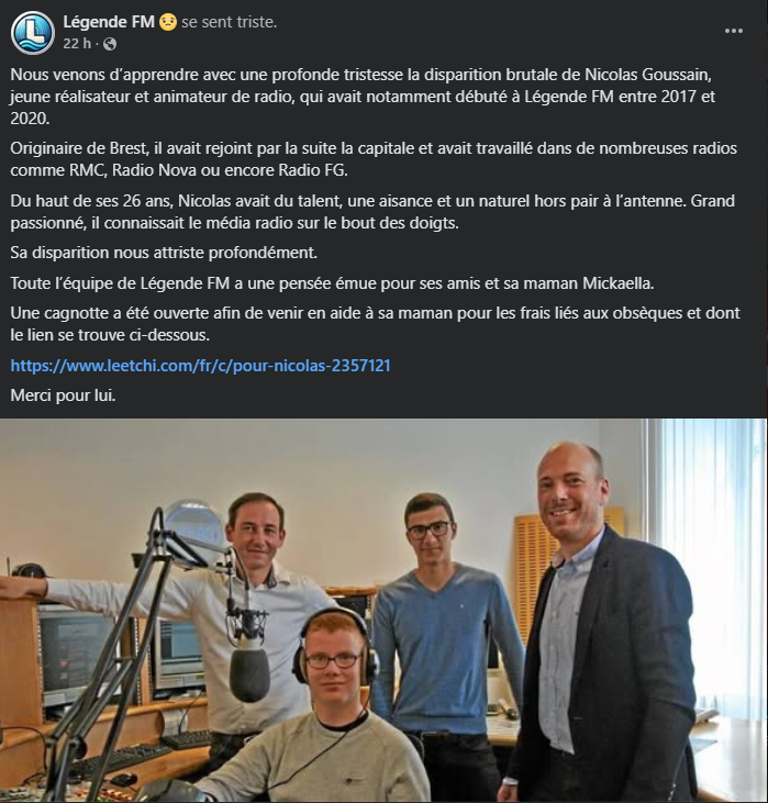 radio_scope's tweet photo. ⚫️Légende FM a annoncé la disparition brutale de Nicolas Goussain à 26 ans. Après des débuts sur cette asso. bretonne, il a évolué à la réalisation à RMC, FG ou encore Nova, et était animateur sur RVM dans les Ardennes il y a qq mois.

Une pensée pour sa famille et ses proches. https://t.co/U5y3ZtFgvw