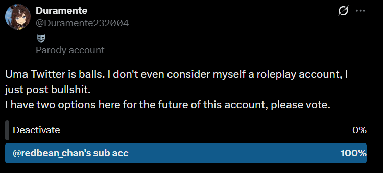 redbean_sub's tweet photo. Goodbye everyone. I'll remember you all in therapy.
(Last chance to interact with Duramente go) https://t.co/VWHkERBD9X