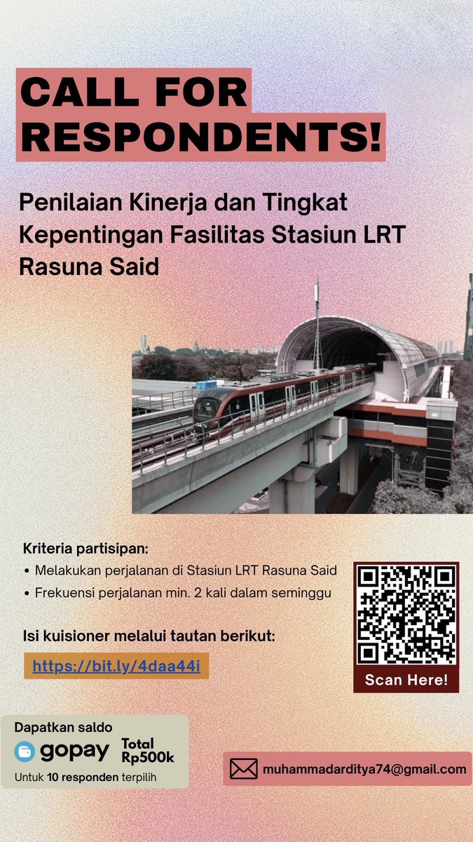 ardityax's tweet photo. @kucimcim kakk aku izin numpang share kuisioner penelitian TA ku disini yaa.. mungkin ada yang berkomuter menggunakan LRT Rasuna Said.

Jika berkenan mohon bantuannya untuk mengisi, terimakasih banyak! ☺️🙏 https://t.co/hI9XgDKGYT