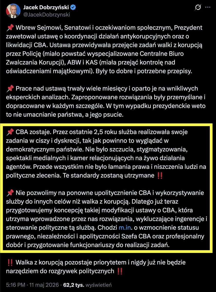 okiemtomkaw's tweet photo. Ciekawie się zestarzał ten wpis, Panie Rzeczniku @JacekDobrzynski. Wynika bowiem z niego, że kompletnie nie kontrolujecie tego, co się działo i dzieje w CBA. W "ciszy i dyskrecji" Strzelczyk awansował pisowskiego kreta. https://t.co/h0sVehFavO