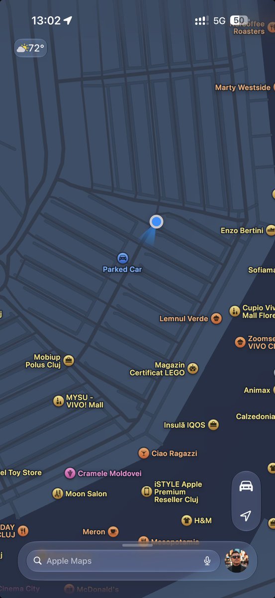 razvannandrei's tweet photo. Bun si Apple Maps la ceva. Îmi găsesc masina mai ușor in parcare la Mall. https://t.co/WUaWiyMDw0