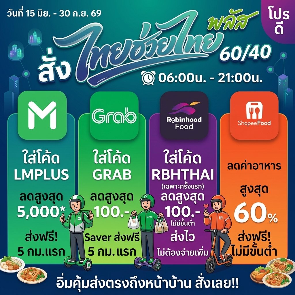 PRODEEPROMOTION's tweet photo. 🎉เริ่มแล้ว อิ่มคุ้มส่งตรงถึงหน้าบ้าน ไทยช่วยไทยพลัส 60/40
📆วันที่ 15 มิ.ย. - 30 ก.ย.
⏰06:00น. - 21:00น.
📲กดเข้าแอป เป๋าตัง > ไทยช่วยไทยพลัส > แอปสั่งอาหาร
📲หรือเข้าหน้าแอปโดยตรง
⁉️อย่างไรแล้ว โปรฯ/โค้ดลด ดูหน้างานแต่ละแอปอีกทีนะ

💚LINEMAN
🫶🏻ใส่โค้ด : LMPLUS ลดสูงสุด 5,000*
🛵ส่งฟรี 5 กม.แรก
🔎กรอกโค้ดตอนสั่งอาหาร
👉https://t.co/Fvb1rGaQPN

💚GrabFood
🫶🏻ใส่โค้ด : GRAB ลดสูงสุด 100
🛵Saver ส่งฟรี 5 กม. แรก

🧡ShopeeFood
🫶🏻ลดค่าอาหารสูงสุด60%
🛵ส่งฟรี ไม่มีขั้นต่ำ
👉https://t.co/tvQVkwxdcL

💜RobinhoodFood
🫶🏻ใส่โค้ด : RBTHAI (เฉพาะครั้งแรก)
💥ลด 50% สูงสุด 100 ไม่มีขั้นต่ำ
🛵ส่งไว ไม่ต้องจ่ายเพิ่ม
.
.
#LINEMAN #GrabFood #ShopeeFood #RobinhoodFood