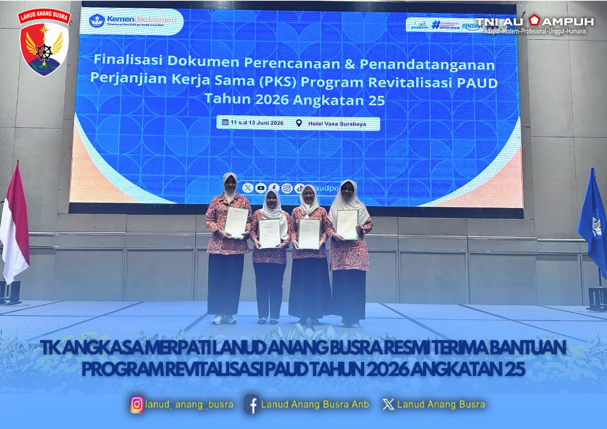 BusraAnang's tweet photo. TK Angkasa Merpati Lanud Anang Busra Resmi Terima Bantuan Program Revitalisasi PAUD Tahun 2026 Angkatan 25

Pen Anb. TK Angkasa Merpati Lanud Anang Busra resmi mendapatkan Bantuan Program Revitalisasi Pendidikan Anak Usia Dini (PAUD) Tahun 2026 Angkatan 25 https://t.co/KlwNI8YLrn