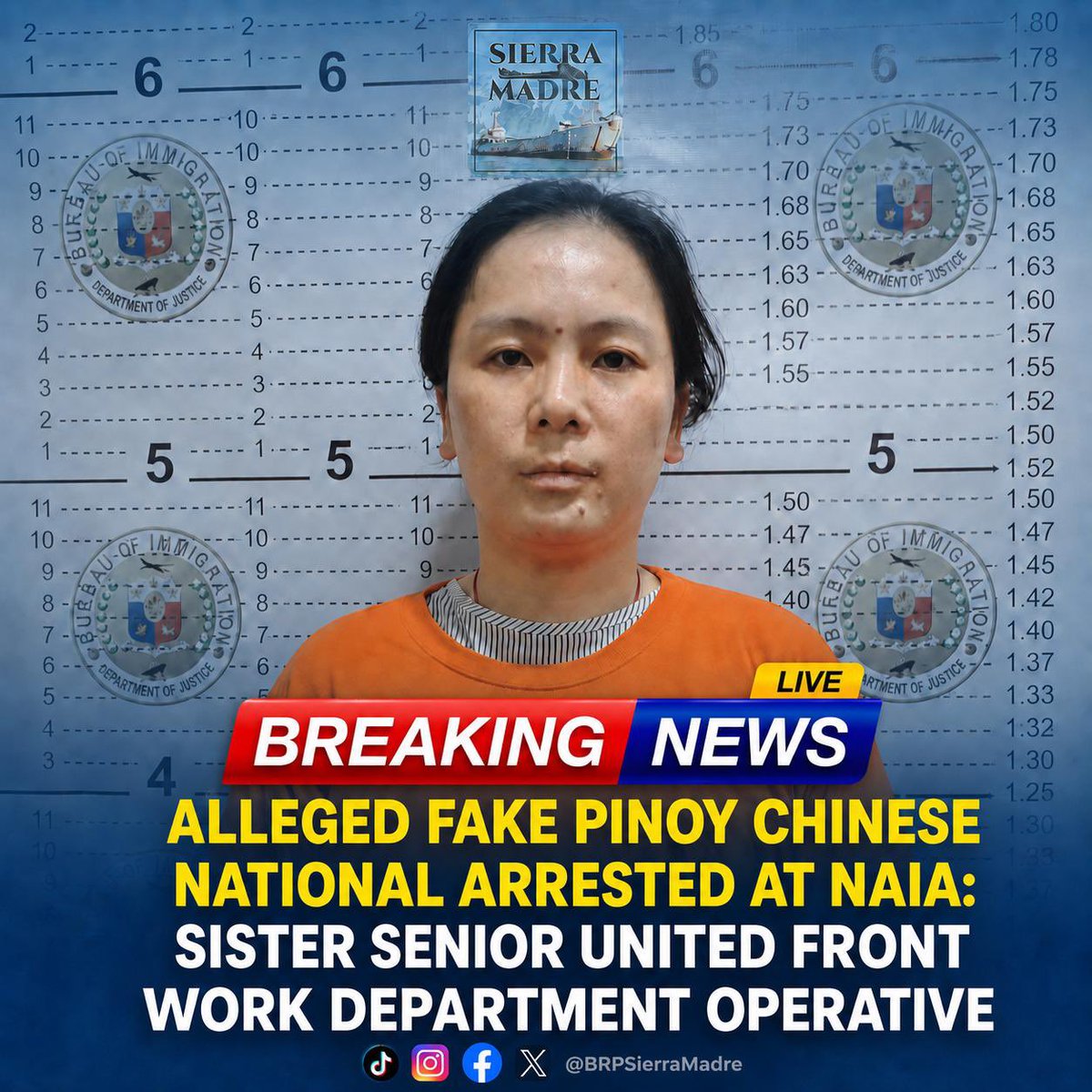 BRPSierraMadre's tweet photo. 🚨 CHINESE ‘FAKE PINOY’ ARRESTED AT NAIA: A WAKE-UP CALL FOR EVERY FILIPINO | A Chinese national who allegedly used a Filipino identity was arrested by immigration authorities at NAIA.

Reports further allege that she is the sister of an individual identified in intelligence reports as a senior operative linked to organizations associated with China's United Front Work Department (UFWD).

This case raises disturbing questions.

How was a foreign national able to allegedly use a Filipino identity?

Who facilitated it?

Was this a one-time incident—or part of a larger network operating behind Filipino names and documents?

A nation's sovereignty is not only defended at sea or along its borders. It is also defended through the integrity of its citizenship, its institutions, and its laws.

When foreign nationals are able to allegedly operate under Filipino identities, the issue goes beyond immigration violations. It becomes a matter of national security, public trust, and constitutional integrity.

The investigation continues.

But every Filipino should be asking:
How many more are hiding in plain sight?

The Philippines deserves answers.

#BRPSierraMadre #NationalSecurity #unitedfrontworks #illegalActivities #NotOneMore