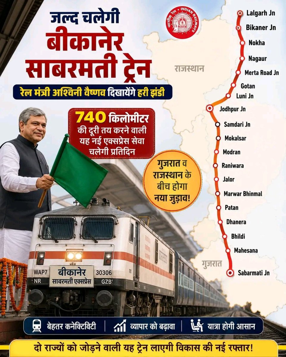 railgadi1854's tweet photo. बीकानेर-साबरमती नई ट्रेन जल्द चलेगी वाया:- लूनी-समदड़ी-जालोर-मोदरान-भीलड़ी 

💐☺️😊👌 https://t.co/oaz7Ku6w1o