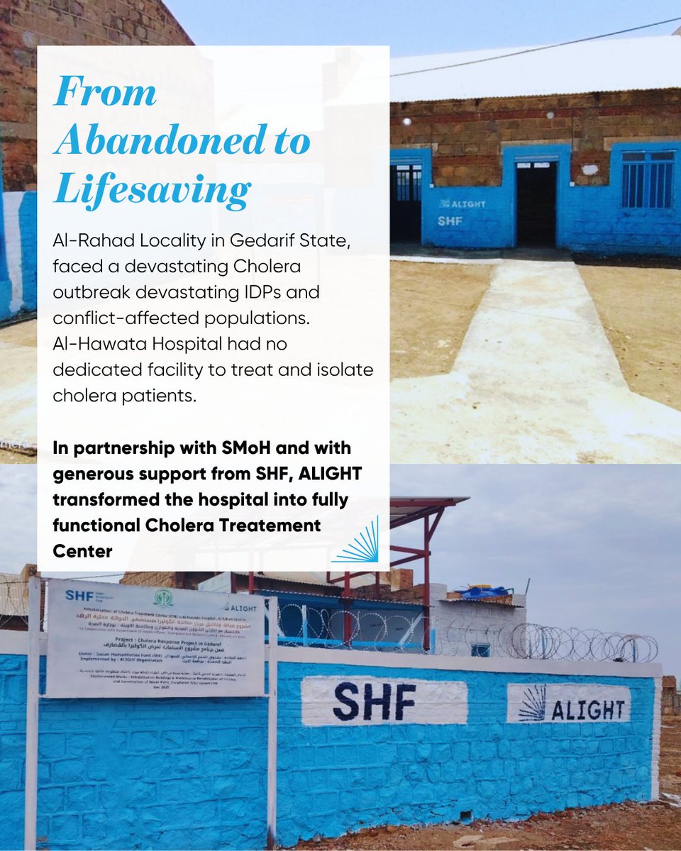 AlightSudan's tweet photo. Transforming Crisis into Care – With Support from @UNOCHA_Sudan, Alight rehabilitated Al-Rahad locality Cholera Treatment Center into a fully functional facility, strengthening emergency health response capacity, and protecting vulnerable communities in #Gedarif #Cholera #Sudan https://t.co/w1RaJFiL2C