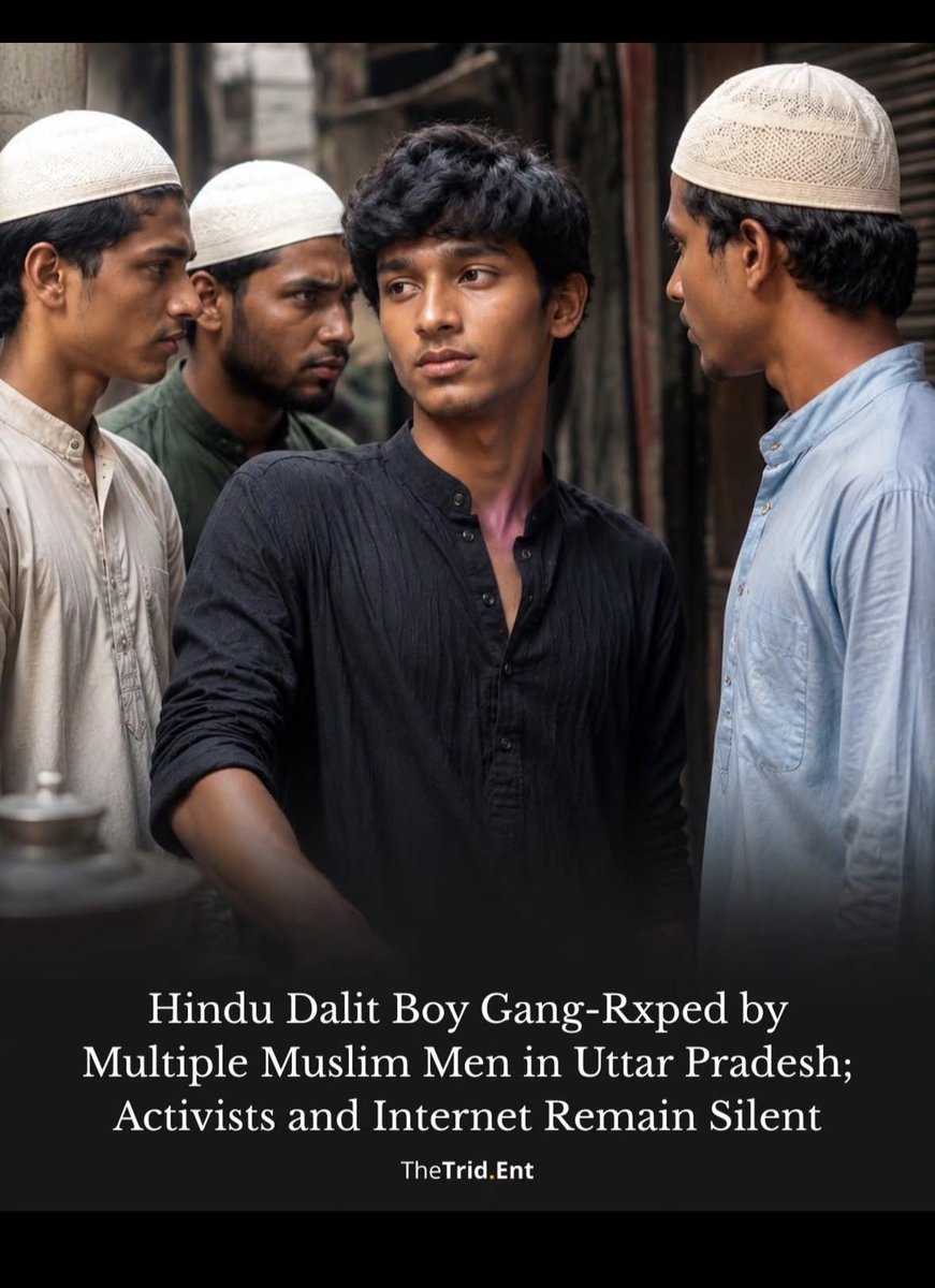 dogra_ns's tweet photo. A disturbing allegation from Uttar Pradesh has surfaced: A young Hindu Dalit boy was reportedly gang-raped by multiple men on Eid/Bakri Eid.

According to circulating reports and the victim’s family complaint, the minor was lured to a festive gathering/meal in a village under the pretext of celebration. 

He was allegedly taken to a room, assaulted by three named accused Gul Mohammad, Avesh, and Adnan with a fourth suspect absconding. 

The family claims he was beaten, faced caste-based remarks, and the incident was recorded with threats to silence him.