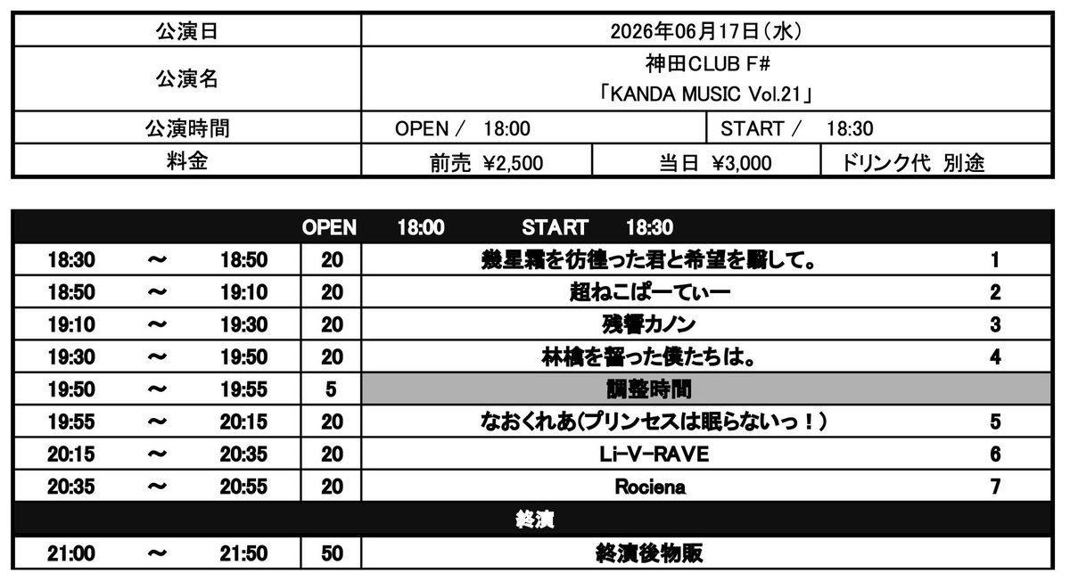 6月17日（水）神田CLUB F# 「KANDA MUSIC Vol.21」 OPEN 18:00/START