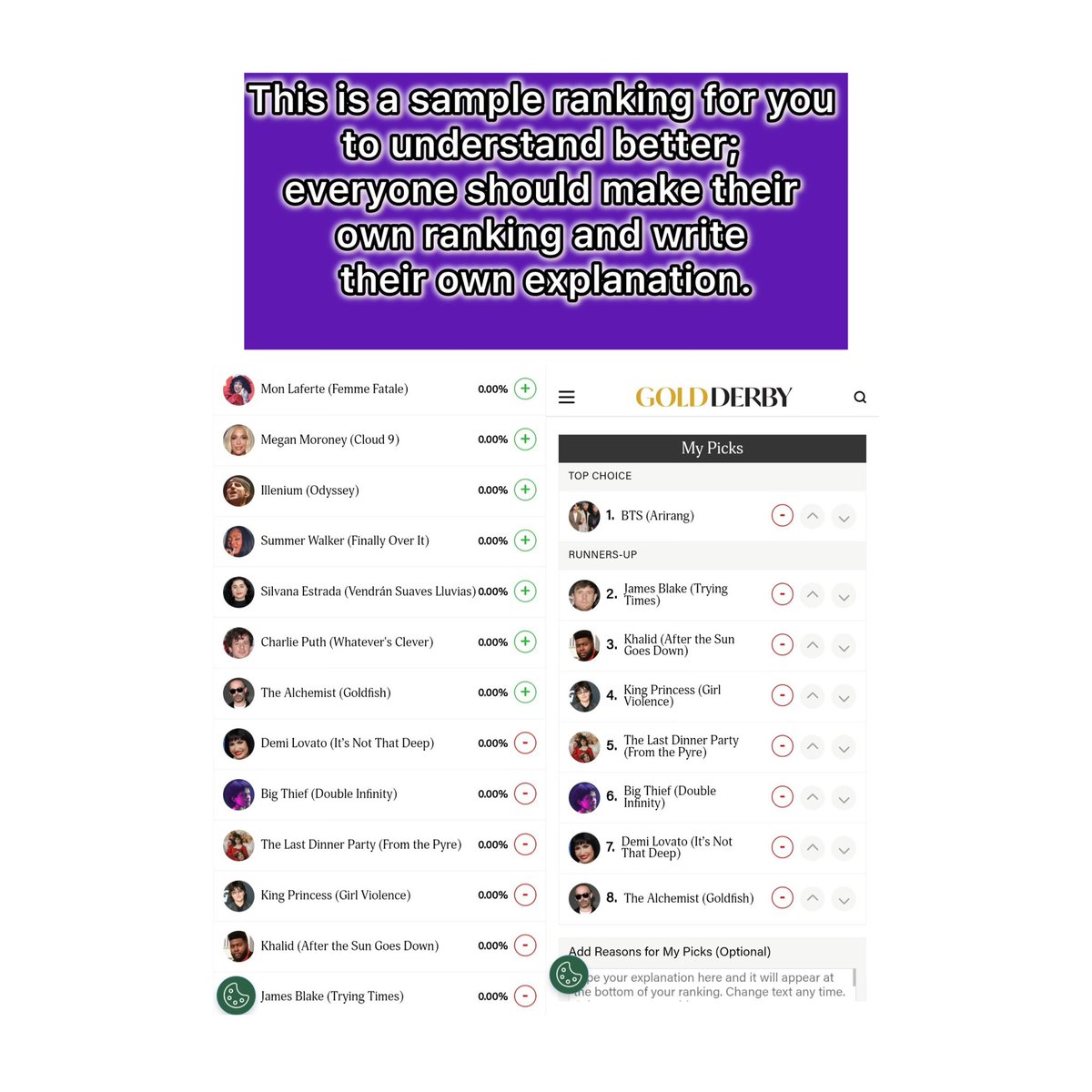 ameviil's tweet photo. 🗳️ G*ld Derby Voting Guide

1. Create an Account: Please do not create mass accounts, act slowly and naturally, and do not use a VPN.

2. Visit the Link: Go to https://t.co/whwozKAw0Z and select "Grammy Nominations 2027".

3. Set Top Choices: Place BTS as your top choice in AOTY, SOTY, and ROTY, and fill the top 10 with artists in the 0.0x% range to avoid b*t behavior.

4. Add Reasons: Type different, unique explanations for your picks in the box to make your votes stronger (Do not look like a b*t)

NOTE: You only have 2 Super Bets (5x boost) definitely use the first one for AOTY, and choose between ROTY or SOTY for the second.