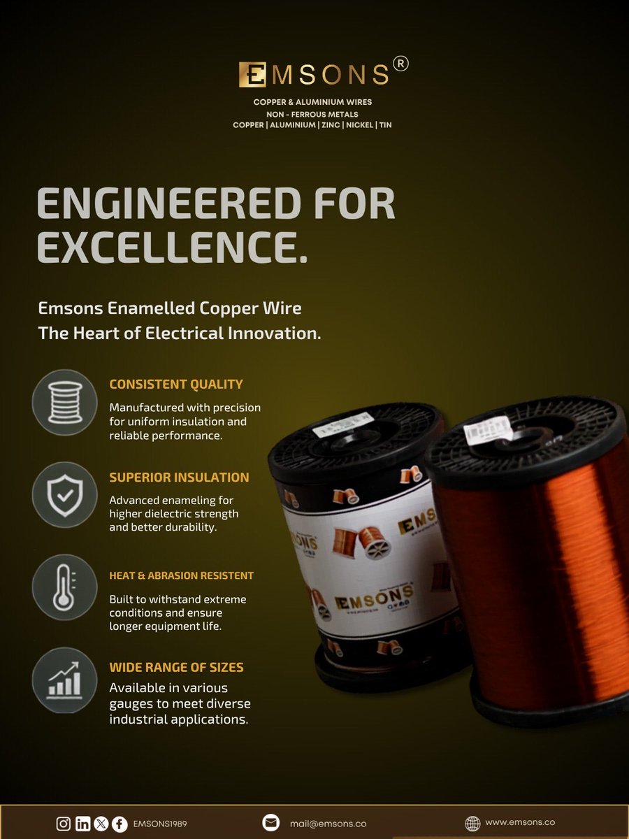 EMSONS1989's tweet photo. EMSONS Enamelled Copper Wire is engineered to deliver exceptional conductivity, superior insulation, and lasting durability —because excellence isn’t just a goal, it’s our standard.

https://t.co/FMirgmm9WA https://t.co/gGrZKwTKi0