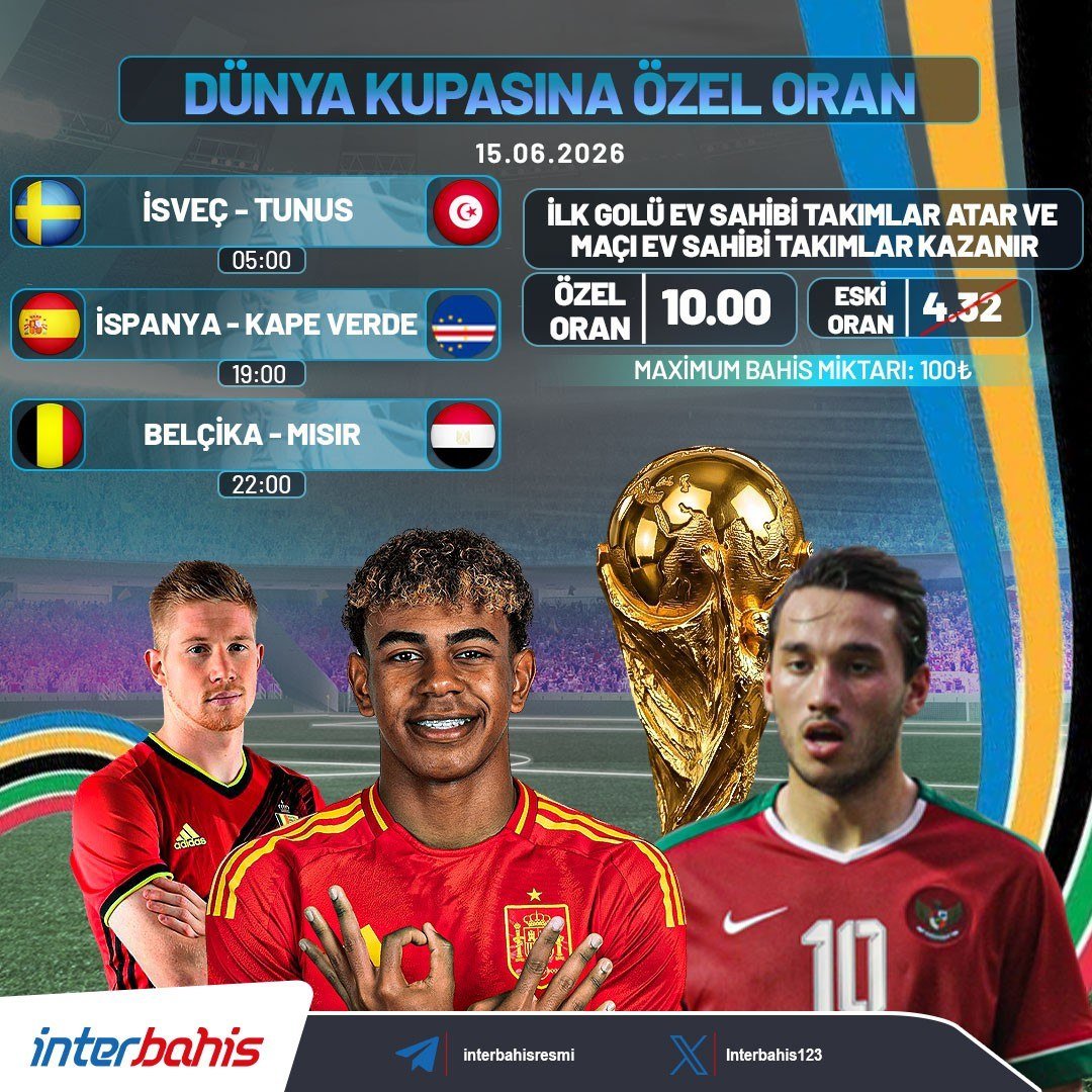 interbahis123's tweet photo. 🏆DÜNYA KUPASI ÖZEL ORANLARI HER GÜN BURADA! 🕺

✅ ÖZEL ORAN: 10.00!

💸 MAX. BAHİS: 100 TL 🤑

😝 ÖZEL ORAN LİNKİ: https://t.co/kbAMcrFAE4

#interbahis #Bahis #kupon #oran #dunyakupasi #fifa2026 #fifa https://t.co/Uvsi5wUl2m