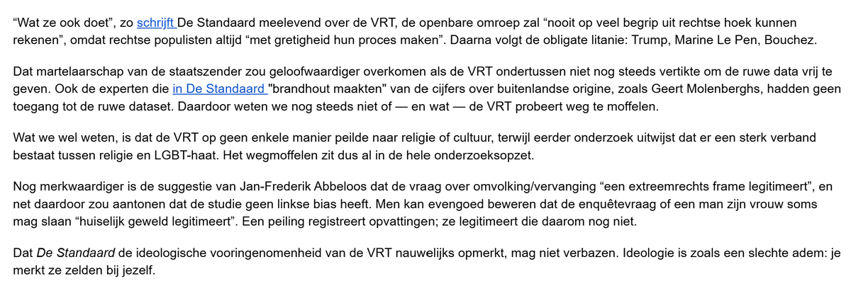 mboudry's tweet photo. Deze tweede voorspelling komt ook uit: nu alle data beschikbaar zijn en blijkt dat de VRT wel degelijk onwelgevallige (en statistisch significante) data over herkomst achterhield, verliezen onze "progressieve" media onmiddellijk hun interesse. @DeStandaard weigert mijn inzending die hun berichtgeving rechtzet, @DeMorgen weigert mijn repliek op @PLoobuyck (die mijn interventie "kwalijk" noemde).

Dus dan maar naar @DoorbraakBE gestuurd. Terwijl ik juist de klassieke media wilde bereiken die teveel vertrouwen toonden in de VRT en voorbaige conclusies trokken (Pas op, ik beweer niét dat er bewust bedrog was vanwege VRT, het is veel subtieler: https://t.co/f9hQBCnJeY)

Ik probéér onze kwaliteitsmedia echt ernstig te nemen hoor, maar ze maken het mij niet makkelijk. Eerst alles breed uitsmeren en analyses brengen over de snode "rechtse" aanvallen op VRT (zoals @jfabbeloos in De Standaard), maar zodra het niet meer in hun ideologische kraam past, haken ze plots af en klinkt het: "Pff, dat is toch oud nieuws, daar zijn we niet meer mee bezig hoor."
