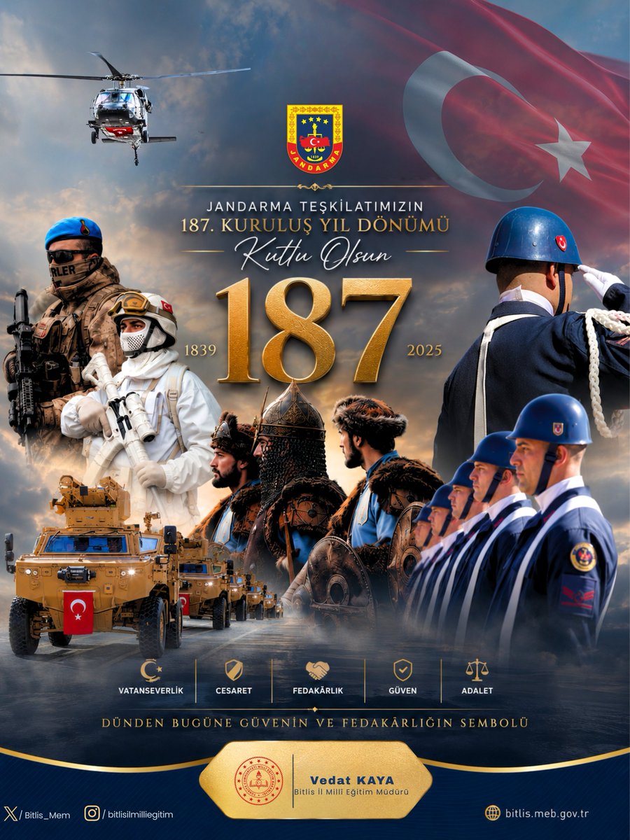 Bitlis_Mem's tweet photo. 🇹🇷 187 Yıldır Milletimizin Hizmetinde

Kuruluşundan bugüne kadar vatanın huzuru, güvenliği ve kamu düzeninin sağlanması için fedakârca görev yapan Jandarma Teşkilatımızın 187. kuruluş yıl dönümünü kutluyor; aziz şehitlerimizi rahmetle, kahraman gazilerimizi minnetle anıyoruz.

Jandarma Teşkilatımızın 187. kuruluş yıl dönümü kutlu olsun. 🇹🇷

@tcmeb 
@Yusuf__Tekin 
@kayavedat7580