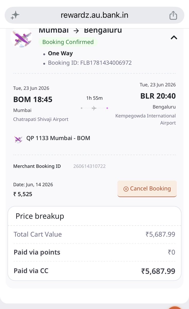 Ravi_JGD's tweet photo. Extremely disappointed with @AUSmallFinance Bank. Their misleading rewards portal tricked me into a flight booking and charged my credit card the full amount instead of using my points. I expect a FULL REFUND immediately for this unintended charge! @RBI @jagograhakjago #AUBank https://t.co/hSlC3hpQCl