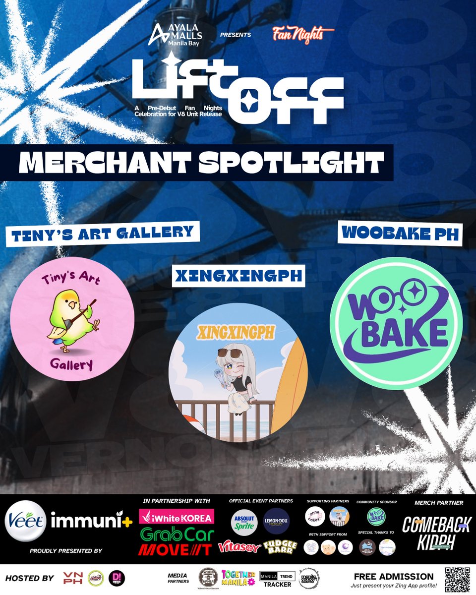 8starsPH's tweet photo. 𝘼 𝙎𝙋𝙀𝘾𝙄𝘼𝙇 𝙎𝙏𝙊𝙋 𝙊𝙉 𝙊𝙐𝙍 𝙅𝙊𝙐𝙍𝙉𝙀𝙔! 🚀

Dollys, 8stars, and CARATs! Check out three of our amazing participating merchants for 𝐋𝐈𝐅𝐓𝐎𝐅𝐅! ⭐️

🎨 TINY'S ART GALLERY (@tinysartgallery)
🛍 XINGXING PH (@xingxingph)
🧁 WOOBAKE PH (@WoobakePH)

Be sure to check out their goodies during the event and support fellow fan creators who help make our community even more AJU NICE!

𝙇𝙄𝙁𝙏 𝙊𝙁𝙁: A Pre-debut Fan Nights Celebration for V8 Unit Release

📅: June 27, 2026
🕚: 11:00 AM onwards
📍: 3rd Floor, Building A (Beside Taekwondo Homecourt) Ayala Malls Manila Bay

🖇 REGISTER RIGHT HERE:
↳ https://t.co/IGtb98l9O8

HOSTED BY: @vernonlineph_ , @8starsPH , and @damnmediaph

#ProjectACTIV8 #LiftOffAMMB #V8FanNights #AtTheBay