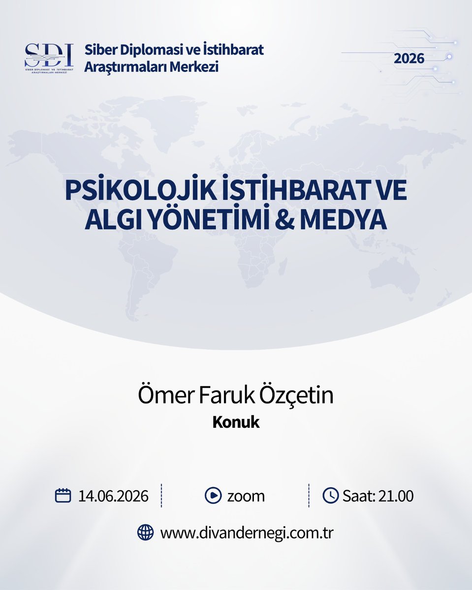 sdiam_tr's tweet photo. 📢 Siber Diplomasi ve İstihbarat Araştırmaları Merkezi olarak, 14 Haziran Pazar günü 21.00'de yapacak olduğumuz programımızda, konuğumuz Ömer Faruk Özçetin eşliğinde “Psikolojik İstihbarat ve Algı Yönetimi & Medya” konusunu ele alacağız.
#PsychologicalIntelligence
#PerceptionManagement #Media #DivanDernegi #sdiam