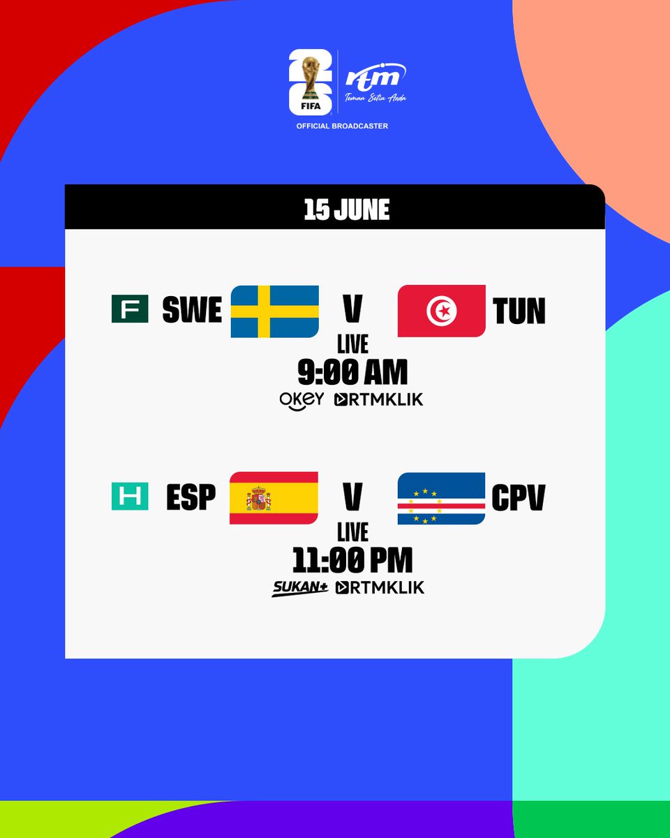 RTM_Malaysia's tweet photo. Sorakan bermula di sini!

Tonton 104 perlawanan Piala Dunia FIFA 2026 di saluran TV Okey, Sukan+ dan RTMKLIK.

#SatuBolaSatuDunia
#PialaDunia2026RTM
#SorakWithRTM https://t.co/ozVjgjyzjm