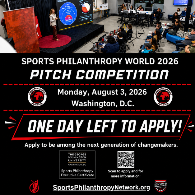 SportsPhilanNet's tweet photo. ONE MORE DAY TO APPLY  for the Pitch Competition at Sports Philanthropy World in DC.

https://t.co/9wbEim7XB3

#SportsPhilanthropyNetwork
#sportsphilanthropyworld
#athletes
#foundations
#nonprofits
#sportsphilanthropy
#philanthropy
#fundraising https://t.co/z35z0PFvV2