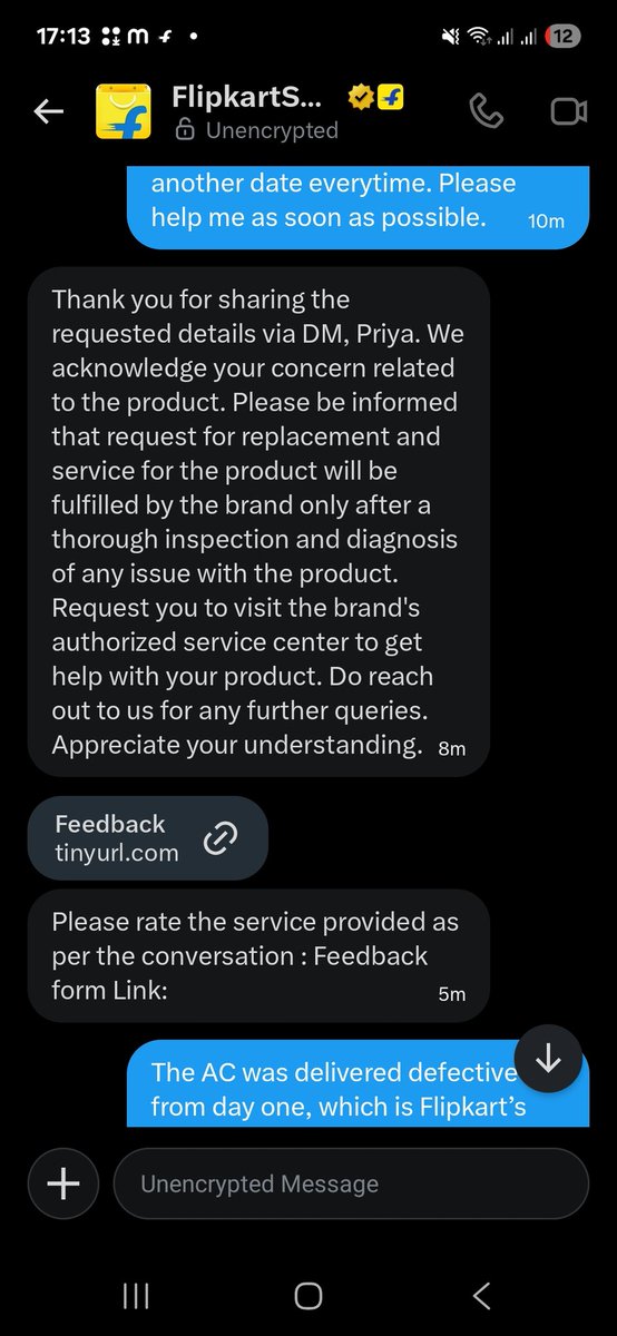 PriyaR1271995's tweet photo. Extremely disappointed with @Flipkart and @PanasonicIndia. Ordered a brand new AC from Flipkart,and it’s defective since day one.​Flipkart is asking me to run around service centers for a brand new faulty product. Is this your customer service? @Flipkart @PanasonicIndia https://t.co/S27IKmKizU