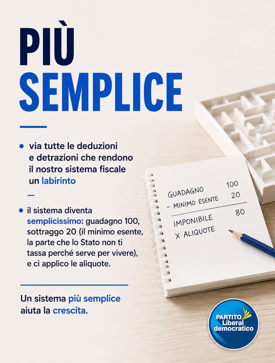 marattin's tweet photo. Il fisco italiano oggi è una giungla di complicazioni e follie.

Proponiamo di trasformarlo in un qualcosa di estremamente semplice.

1) Guadagno 100.

2) Sottraggo una cifra fissa (il “minimo esente”, quello che lo Stato non ti tassa).

3) Applico le aliquote progressive.

Chiaro, semplice, così da poter pagare le tasse col telefonino.

2/n

2/n
