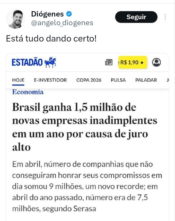 CiroTemosLutar's tweet photo. Está tudo sob controle

Selic a 15% vai cobrar a fatura nessa eleição. Vai ser cara essa Fatura. Escândalo do INSS e o Banco Master são cerejas do bolo. Um dos motivos que a rejeição desse governo não diminuir e porque o País está em crise e os atuais mandatários não vão resolver https://t.co/lADA372Fp3