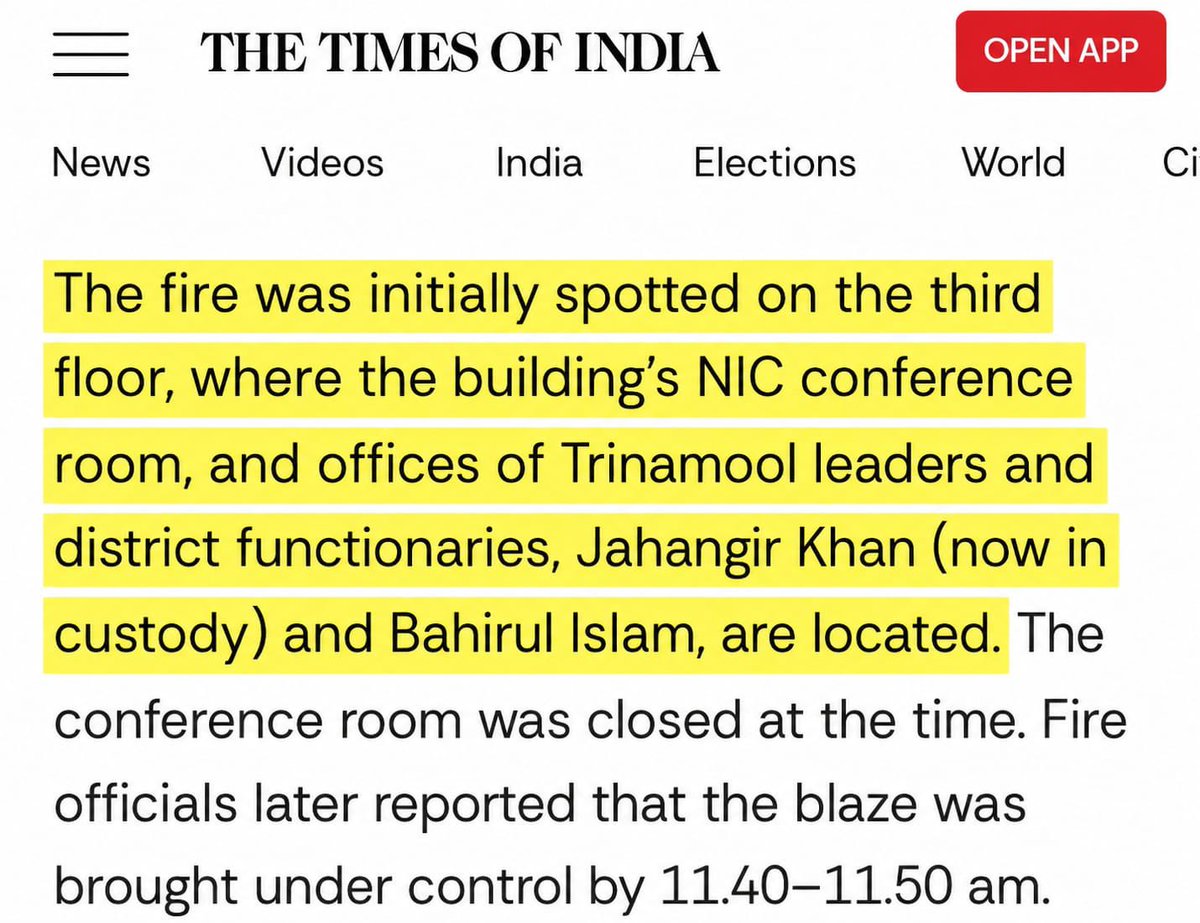 rishibagree's tweet photo. Kolkata Building Fire!!

Know the whole story and facts!!

Was the EVM angle just an eye wash? Was the real motive to hide information linked to Mamata Banerjee and her allies?

The facts regarding the floors (3rd, 8th and 9th)  that were reportedly severely affected raise several questions:

1. The fire occurred in the 10-storey building of South 24 Parganas Zilla Parishad administrative building in Alipore, Kolkata.

2. Arrested TMC leader Jahangir Khan, a key functionary associated with the South 24 Parganas Zilla Parishad,  had his office in the building at 3rd floor .

3. The third floor housed offices of local district functionaries and Trinamool Congress (TMC) leaders.

4. 8th floor of the building housed multiple state government offices, including departments linked to the Mid-Day Meal scheme, sarva shiksha mission, horticulture where several allegations of corruption and irregularities have surfaced over the years during the Mamata Banerjee government's tenure.

5. 9th Floor : Apart from housing EVMs, also contained records related to an important election petition concerning the Diamond Harbour constituency, where Abhishek Banerjee had claimed victory by a margin of nearly 7 lakh votes during general elections 2024.

With the 3rd, 8th and 9th floors reportedly among the most severely affected, the answer is simple 

The Motive was to save Mamata and her Ally and their crime and corruption !!??