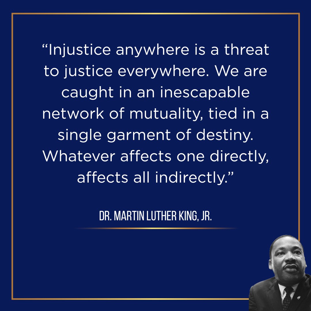 BerniceKing's tweet photo. This is one of my favorite quotes from my father because it speaks to the truth of our interconnectedness.

We cannot be indifferent to injustice anywhere, because what harms one part of the human family harms us all.

#MLK #SundayWithKing https://t.co/o4xcgRXIBw